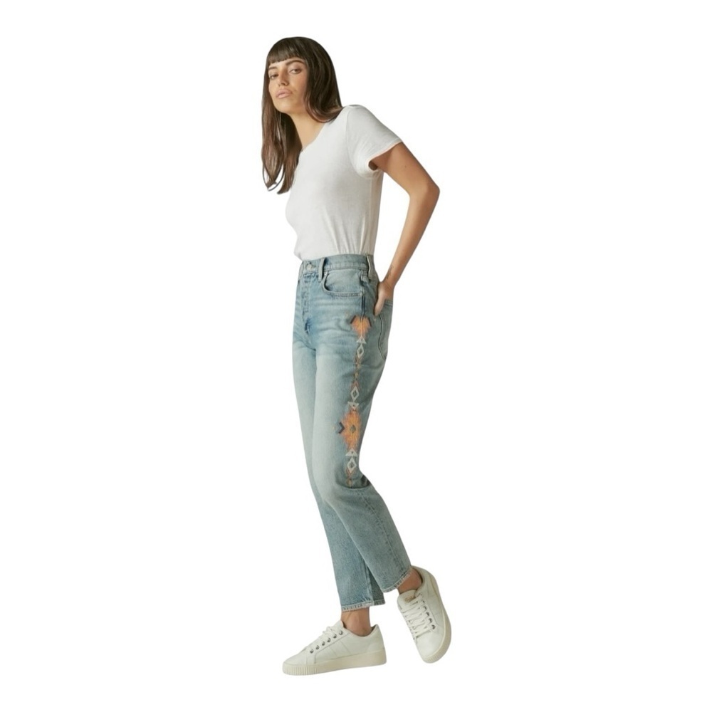 Lucky Brand Drew Mom Jeans High Rise Light Wash Denim Boho Western Embroidery 14